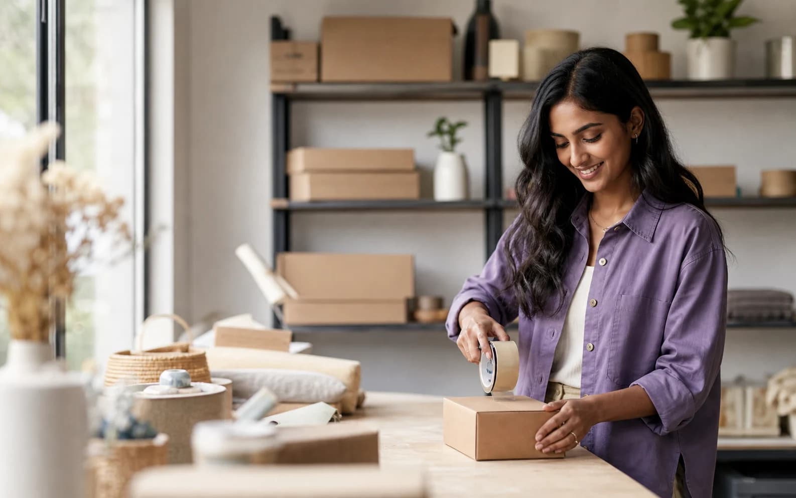 Commerce founder packing an order in her studio